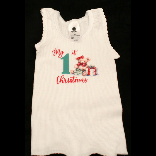 SINGLET WHITE - 1ST CHRISTMAS TEAL & RED - CHRISTMAS BEAR 3
