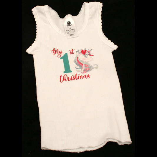SINGLET WHITE - 1ST CHRISTMAS TEAL & RED - CHRISTMAS UNICORN