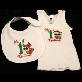 MY 1ST CHRISTMAS GREEN & RED - CHRISTMAS OWLS 1 - Singlet & Bib SET