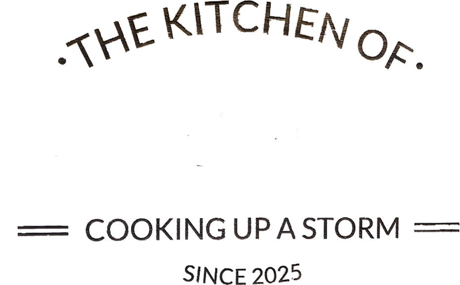 Logo for 'The Kitchen of' with text 'Cooking Up a Storm Since 2025' on a transparent background