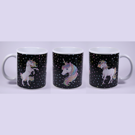 UNICORN MUG - GLITTER STARS BLACK - REARING, HEAD, STANDING