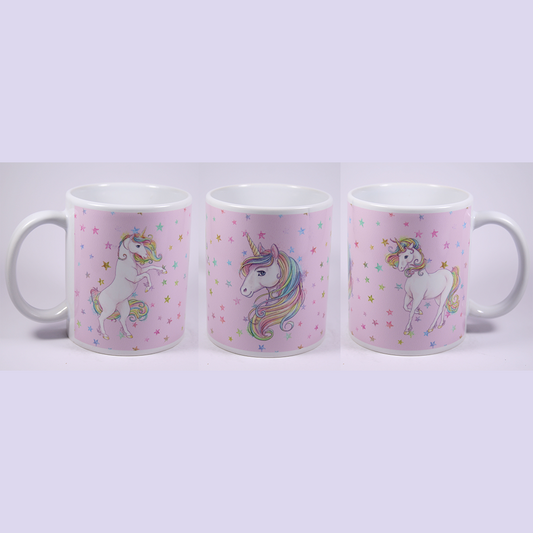 UNICORN MUG - GLITTER STARS PINK - REARING, HEAD, STANDING