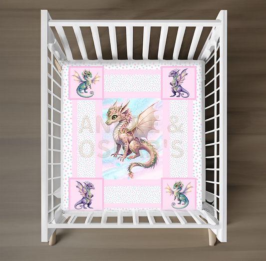 LIMITED EDITION | FAIRY DRAGON COT QUILT - PINK BORDER  (1 OFF Colorways)