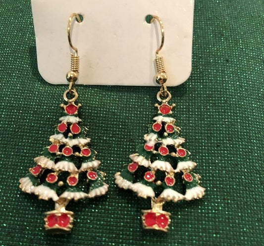 Earrings - Gold - Enamel Christmas Tree
